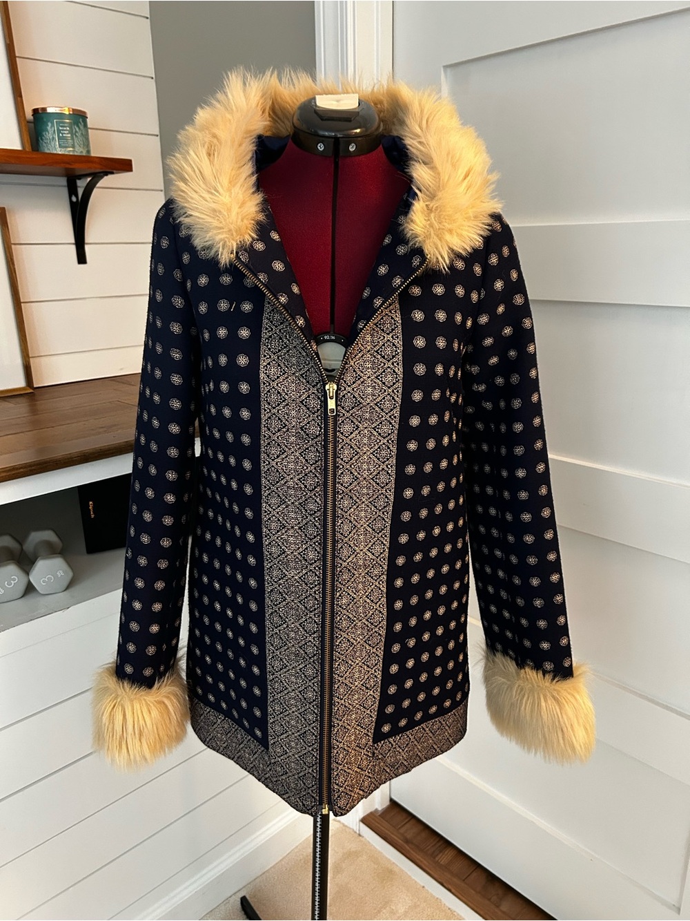 Anthropologie Navy Patterned Faux-Fur Trim Hooded Coat